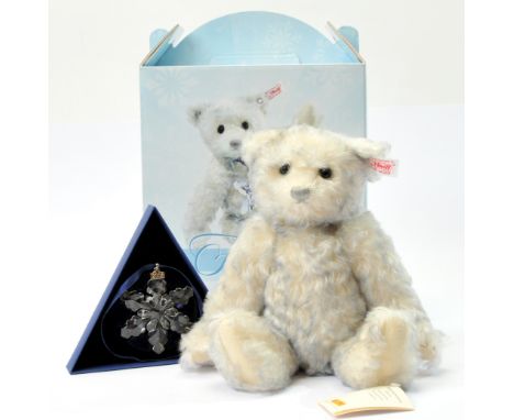 Steiff Flurrie Swarovski 2008 teddy bear, white tag 681295, LE to year 2008, blue tipped white mohair, with Swarovski pendant