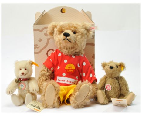 Steiff three teddy bears: (1) Steiff Save the Children Bear, golden mohair, white tag 654442, LE 3000, wearing red and white 