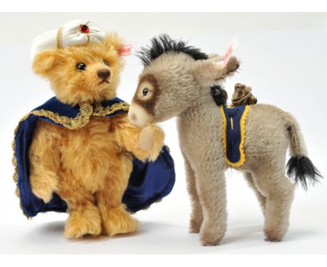 Steiff Teddy Bear with Little Donkey, white tag 670886, LE 3000, comprising mohair teddy bear wearing blue velvet cloak and w