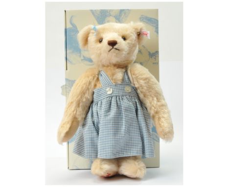 Steiff Dorothy (from The Wizard of Oz), white tag 681998, LE 1939, cream mohair, wearing blue and white gingham dress, with t