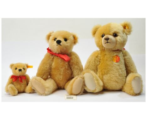 Steiff teddy bear trio including: (1) Brummbar, yellow tag 011788, blonde mohair, fully jointed, chest tag, swing label (disc