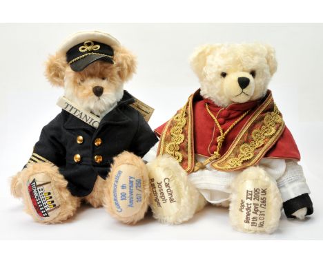 Hermann Spielwaren teddy bear pair including: (1) Titanic Memorial, LE 250, blonde and white mohair bear, tilt growler, dress