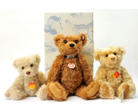 Steiff teddy bear trio including: (1) British Collectors' reddish brown mohair teddy bear, white tag 663246, wearing engraved