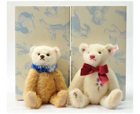 Steiff Summer teddy bear pair including: (1) Steiff Summer teddy bear, white tag 656941, white mohair with purple embroidered