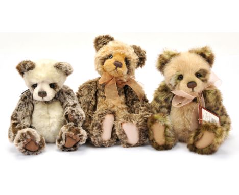 Charlie Bears panda trio designed by Isabelle Lee including: (1) Olive, CB151521A, beige and pale green/brown/dark brown plus