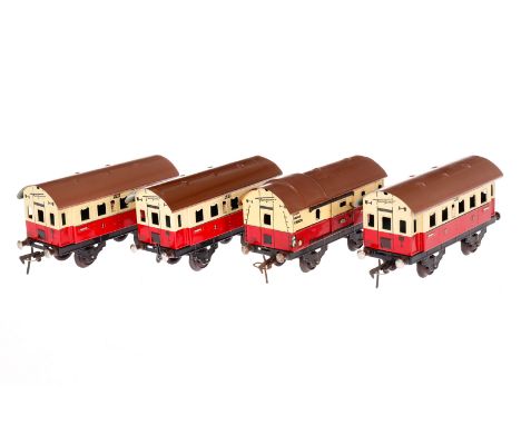 4 Fleischmann Wagen 400 und 401, Spur 0, creme/rot, L 14,5, Z 4