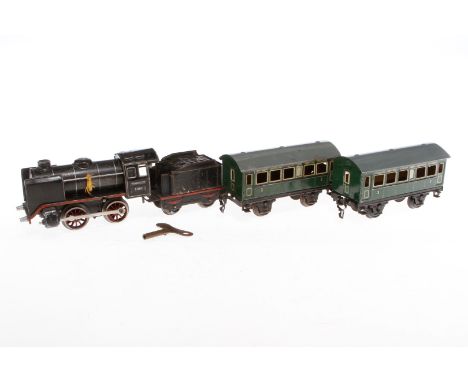 Märklin Zug, Spur 0, Uhrwerk intakt, mit B-Dampflok R 880, Tender und 2 Personenwagen 1732, LS, Z 3