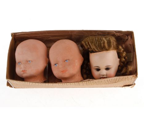 K &amp; R Pappkarton mit 3 Puppenköpfen, Pappmache, 1 mit Glasaugen und Perücke, L 11, Z 3