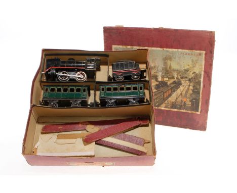 Märklin Zugpackung, Spur 0, gefüllt mit Uhrwerk, mit B-Dampflok R 880, Tender und 2 Personenwagen 1719, starke Alterungsspure