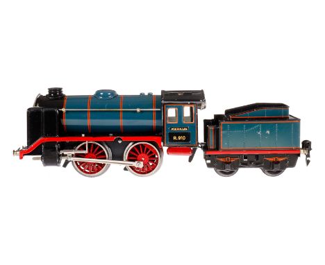 Märklin B-Dampflok R 910, mit 2A-Tender, Spur 0, Uhrwerk intakt, blau/schwarz, CL, kW, leichte Gebrauchsspuren, OK, Z 2