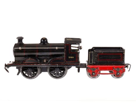Märklin B-Dampflok 990, Spur 0, Uhrwerk intakt, schwarz, mit Tender, Bremse und v+r, LS und gealterter Lack, Z 3