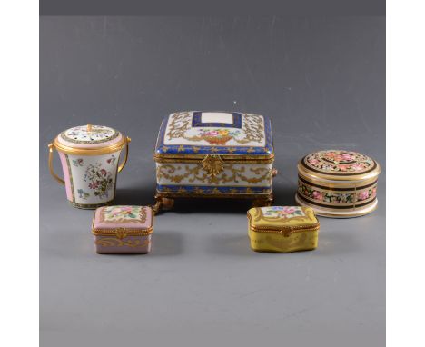 A Limoges porcelain box, square shape, gilt metal mounts, width 12cm; a pair of small Limoges boxes; Wedgwood bone china box,
