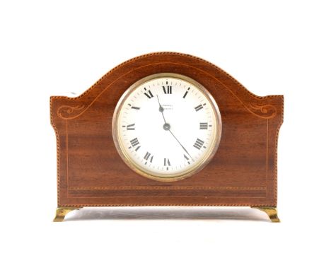 Edwardian inlaid mahogany mantel clock, white enamel dial signed W Rodwell, Leicester, cylinder movement, width 21cm