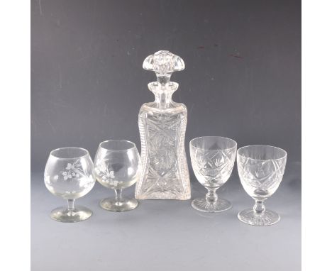 A cut-glass spirit decanter, 30cm; other glassware, and small selection of reproduction portrait miniatures.