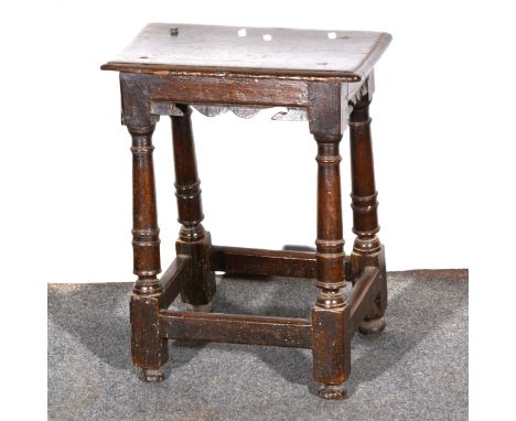 Joined oak stool, early 18th Century, detached top, turned supports, depth 45cm.