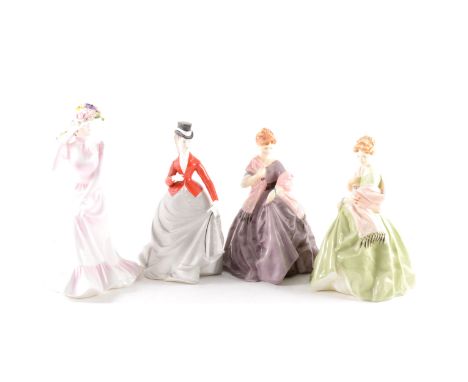 A Royal Worcester figure, First Dance, 2cm; another, with colour variation;another Royal Worcester figure, Equestrienne; and 