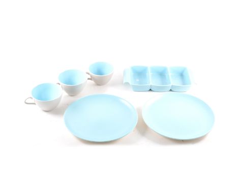 A Poole Pottery two tone tea/dinner service in turquoise and grey including hors d'ouvre dish
