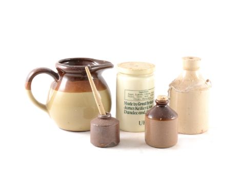 A collection of vintage kitchenalia, including stoneware flagon, marmalade jars, meat platters, mixing bowls, hot water bottl
