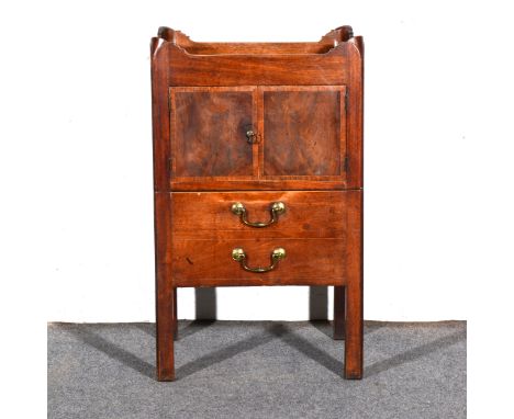 A George III mahogany night table, tray top, above a cupboard and a commode, width 50cm, depth 45cm, height 81cm.