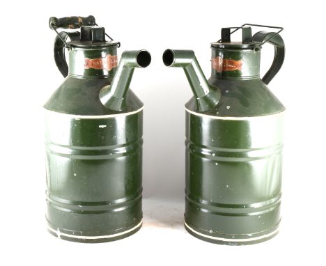 Pair of showman’s watering cans, painted in green enamel, with brass plaques to the neck stamped ‘Hatwell Bros.’