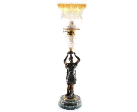 An oil lamp, figural column designed as a Roman soldier, stoneware plinth, cut-glass reservoir, lemon tinted shade, complete 