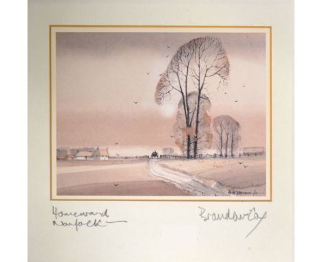 After Hugh Brandon Cox, Homeward, Norfolk, signed in the margin, a colour print, and other prints.