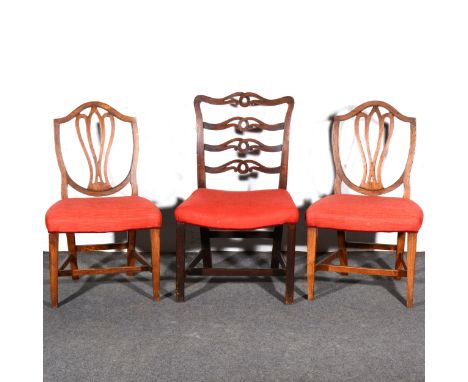 A Georgian mahogany dining chair, pierced wavy ladder back, upholstered seat, moulded legs joined by stretchers, 58cm; and a 