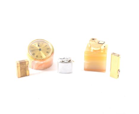 A marble ashtray, marble Staiger Quartz clock and Win Loma Onyx table lighter, carved meerschaum pipe depicting a horse in fi