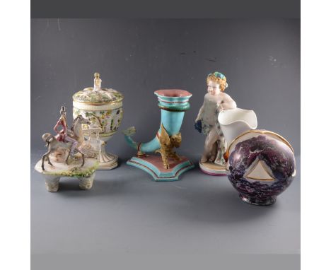 A Capodimonte covered goblet, decorated with cherubs, 25cm; Worcester majolica cornucopia vase, damaged; a French porcelain c