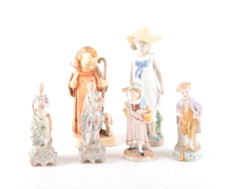 A Nao figure, a girl with a parasol, 19cm; a Hummel figure, of a shepherd boy; and four small continental figurines. (6)