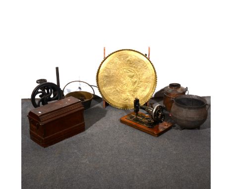 Set of Salters spring scales, no.50, 31cm; a set of Avery Class B shop scales; Vintage sewing-machine; sundry metal ware.