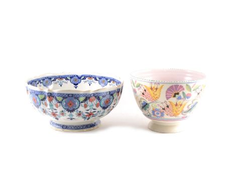 A Poole Pottery bowl, floral decoration, 16cm; and an ironstone pedestal bowl. (2)