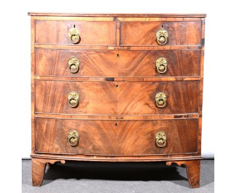 A Victorian mahogany bowfront chest of drawers, fitted with two short and three long drawers, bracket feet, width 104cm.