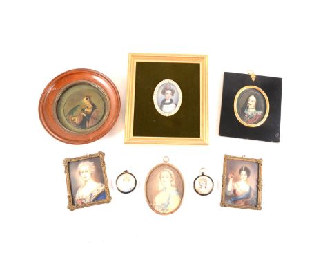 An oval portrait miniature, 20th Century, probably Nell Gwynn half-length, rose metal frame, 9cm x 8cm; and other portrait mi