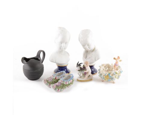 A Royal Worcester menu stand, modelled with a Fox, 6cm; a pair of bisque porcelain portrait busts; Wedgwood basalt ware jug, 