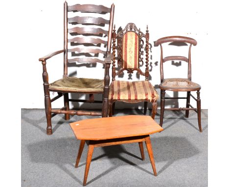 Small coffee table, elm and beechwood bar-back chair and a Lancashire type wavy ladder-back chair, and one other chair, (4)