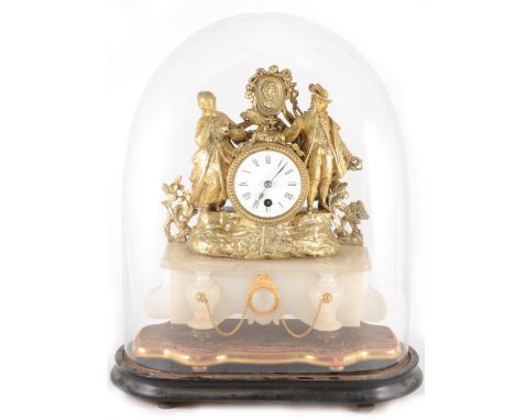 French gilt spelter mantel clock, white enamelled dial, trim casing, flanked by figures, set on an alabaster plinth, under a 