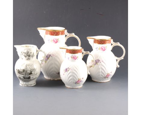 Three Coalport bone china graduating jugs, The Caughley Mask-head jug, 20cm and smaller; a similar set of three, and a Royal 