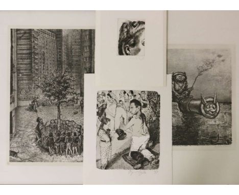 4 Blatt Grafik: 2 Blatt Johannes GRÜTZKE (1937-2017), Der Künstler isst (1997), Lithograph, 26.5 x 21 cm u. Radierung "Vom Ge