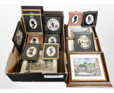 A box of assorted pictures including prints of Newcastle upon Tyne after R W Thornton, silhouettes, etc.