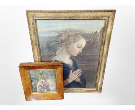 A framed portrait lithograph of a saint, labelled Medici Society verso, overall 72cm x 55cm, together with a further lithogra