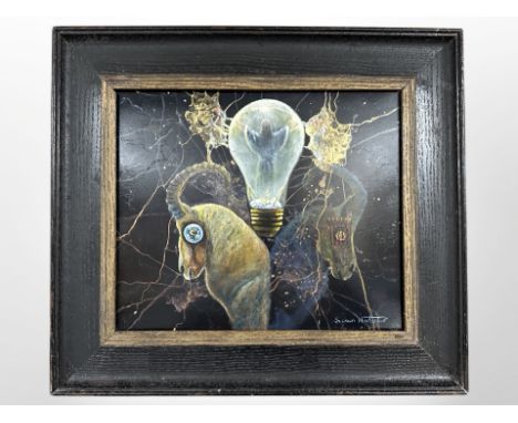 Susan Mortimer (Contemporary) : Abstract composition with light bulb and horned animals, oil on board, 24cm x 29cm.