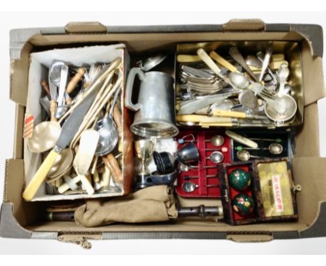 A box of assorted cutlery, tankard, set of coffee spoons in box, Chinese medicine balls, recorder, trophy cups.