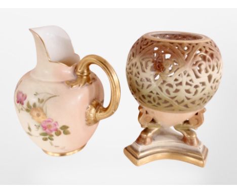 A Royal Worcester blush ivory jug, shape number 1094, height 11 cm together with a pierced porcelain globular vase on stand, 