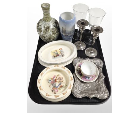 A group of ceramics including Royal Doulton Bunnykins and Royal Winton dishes, a Denby vase, Royal Copenhagen vase, together 