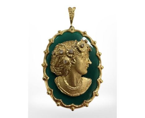 A 9ct gold and green jade pendant, cast in relief with a head and shoulders portrait of a lady with diamonds set into her hai