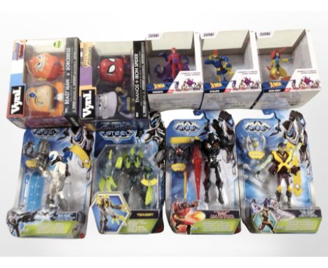 Boxed action figures including Max Steel by Mattel, Vynl bobble heads, Zoteki X-Men figures.