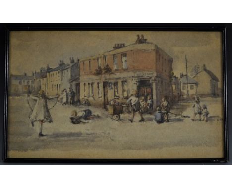 English School (mid 20th century)Children Playing by the Terraceswatercolour, 24.5cm x 42cm