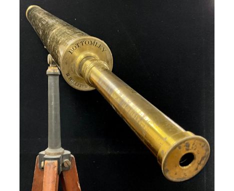 Scientific Instruments - a late 19th / early 20th century brass refractor telescope, mounted on a tall hardwood and brass adj