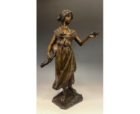 Emmanuel Villanis (1858-1914), green and brown patinated bronze figure, Jeune Femme A La Mandolin, she stands holding a colle